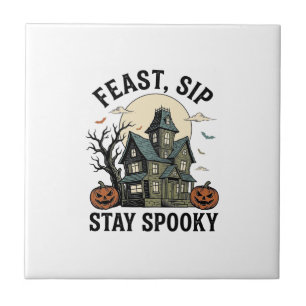 Haunted House Halloween Vintage Engraving Spooky S Tile