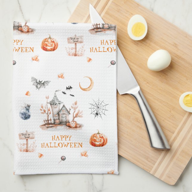 Haunted House Happy Halloween Tea Towel (Quarter Fold)