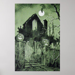 Haunted House Jack O' Lantern Ghost Moon Poster