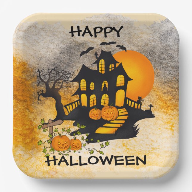 Haunted House Jack O'lanterns, Black Cat, Bats   Paper Plate (Front)