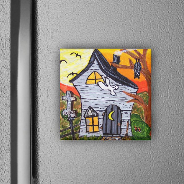 Haunted House Magnet (Cute haunted house ghost graveyard on Halloween Frig magnet.)