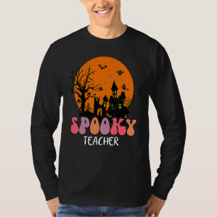 Haunted House Moon Night Groovy Spooky Teacher 4 T-Shirt