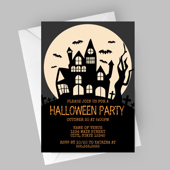 Haunted House on a Hill Halloween Party Invitation (Spooky Haunted House Halloween Party Invitation with Grey Sky)