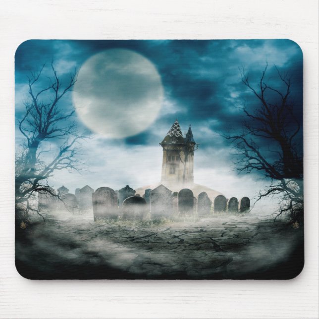 Haunted house on scary graveyard. Halloween scene. Mouse Pad (Front)
