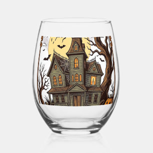 Haunted House Party Vintage Engraving Halloween De Stemless Wine Glass
