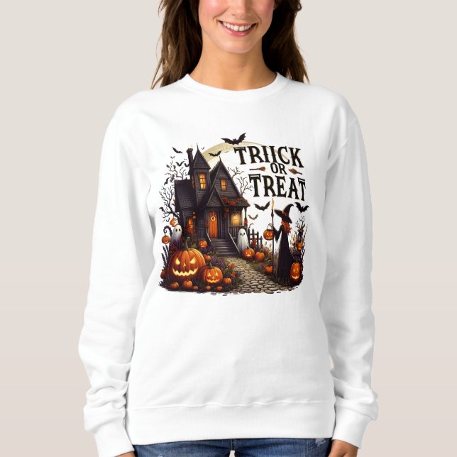 Haunted house path filled with pumpkins and ghosts sweatshirt (Front)