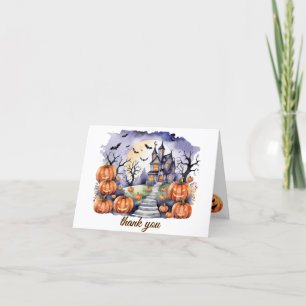 Haunted House Pumpkin Bats Halloween Baby Shower Thank You Card