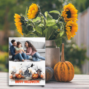Haunted House pumpkin witch family photo Postcard