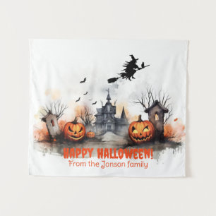 Haunted House pumpkin witch Tapestry