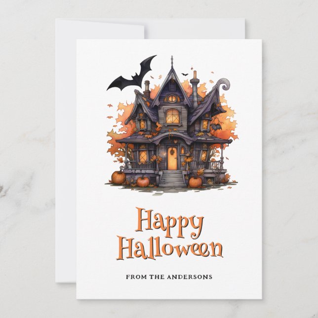 Haunted House Pumpkins Bats Ghost Halloween Card (Front)