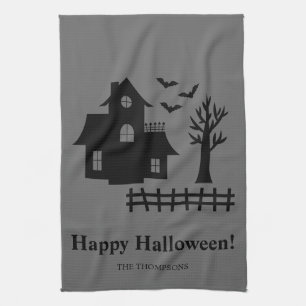 Haunted House Silhouette And Custom Text Halloween Tea Towel