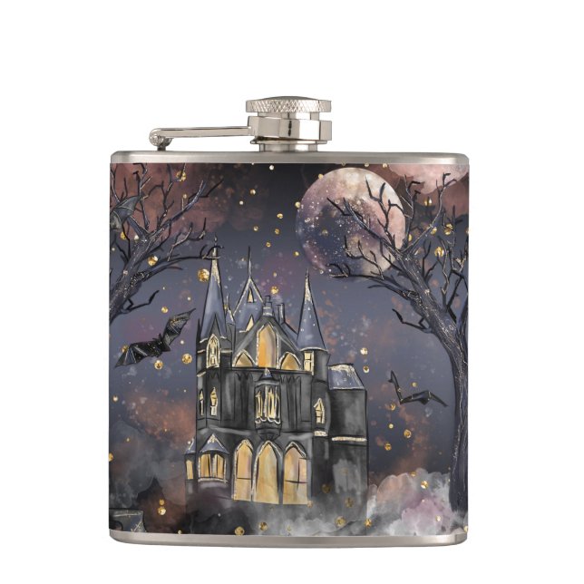 Haunted House | Spooky Full Moon Tree and Bats Hip Flask (Front)