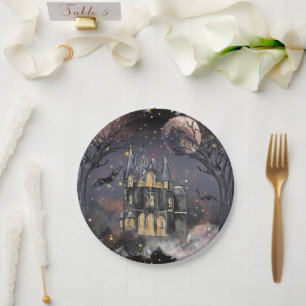 Haunted House   Spooky Full Moon Tree and Bats Paper Plate