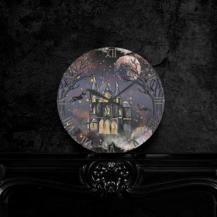 Haunted House   Spooky Full Moon Tree and Bats Round Clock