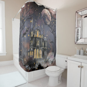 Haunted House Spooky Full Moon Tree and Bats Shower Curtain