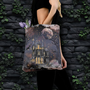 Haunted House   Spooky Full Moon Tree and Bats Tote Bag