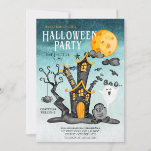 Haunted House Spooky Turquoise Sky Halloween Party Invitation