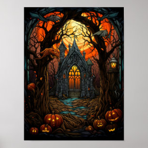 Haunted House Stained Glass Halloween Gothic Art Poster