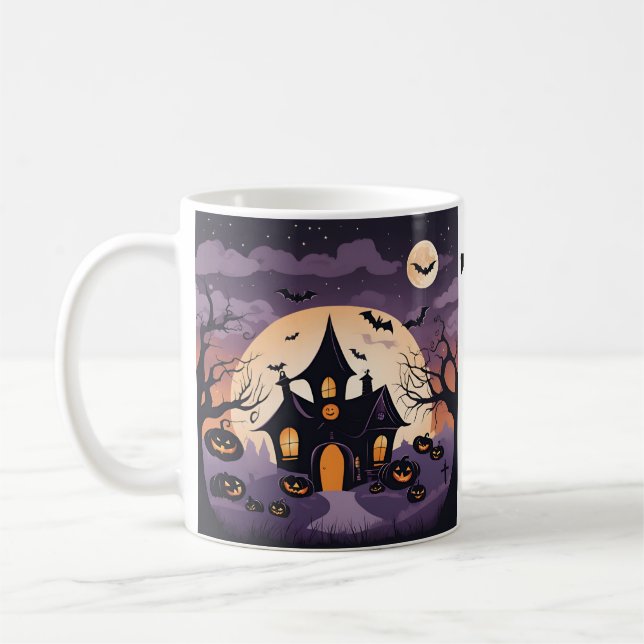 Haunted House Trick Treat Halloween Coffee Mug (Left)