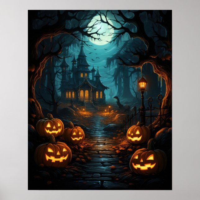 Haunted House Under Moonlit Halloween Poster (Front)