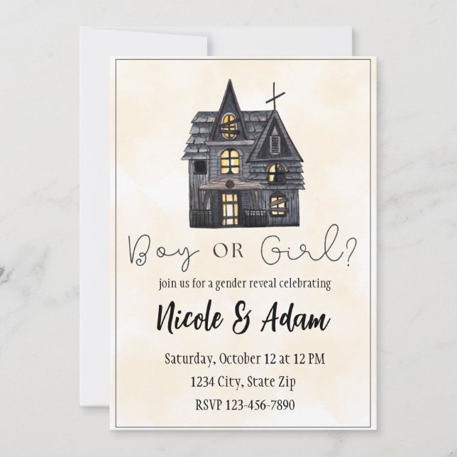 Haunted House Watercolor Halloween Gender Reveal Invitation (Front)