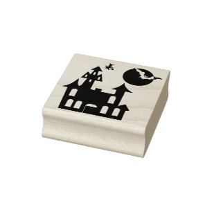 Haunted House with Bat, moon and witch Rubber Stamp