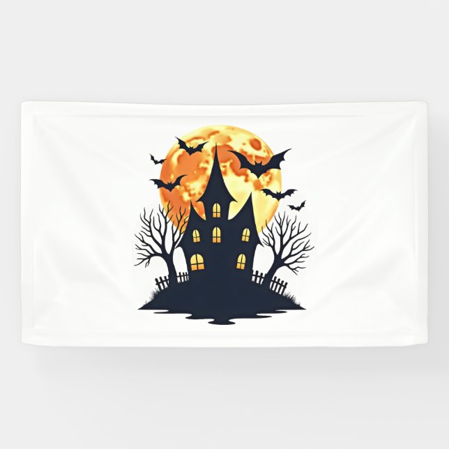 Haunted House with Bats – Spooky Halloween Tee Banner (Horizontal)