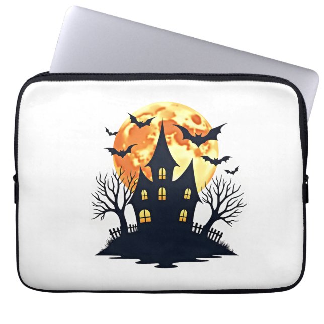 Haunted House with Bats � Spooky Halloween Tee Laptop Sleeve (Front)