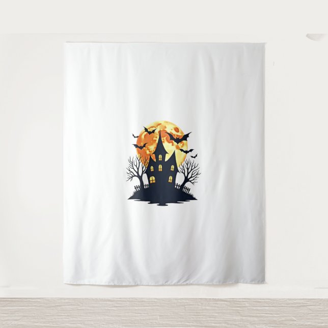 Haunted House with Bats – Spooky Halloween Tee Tapestry (Front)