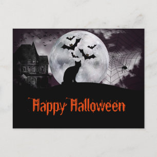 Haunted House with Black Cat and Bats Postcard