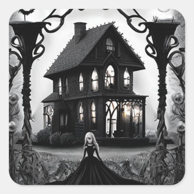 Haunted House with Creepy Ghost Lady Square Sticker (Front)