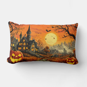 Haunted House With Jack-O'-Lanterns Lumbar Cushion