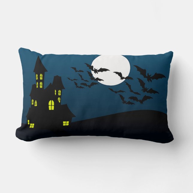 Haunted House With Jack-O'-Lanterns Lumbar Cushion (Front)