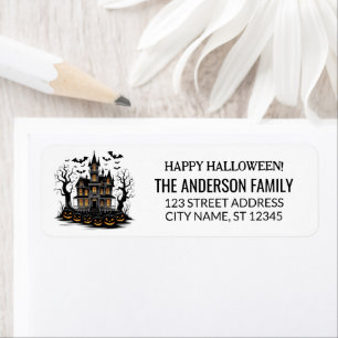 Haunted House with Pumpkins and Bats Halloween    