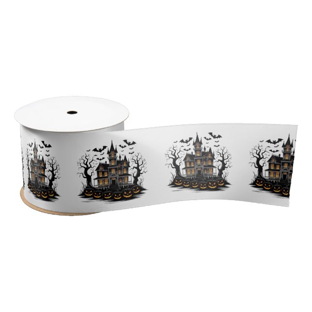 Haunted House with Pumpkins and Bats Halloween     Satin Ribbon (Spool)