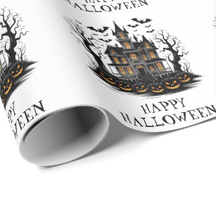 Haunted House with Pumpkins and Bats Halloween Wrapping Paper