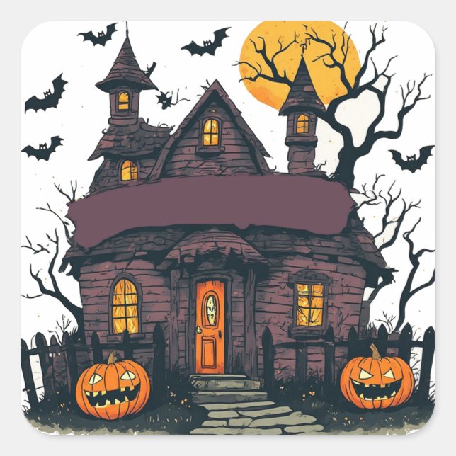 Haunted House With Pumpkins And Full Moon 🎃 Square Sticker (Front)