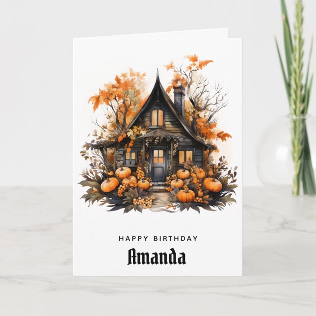 Haunted House with Pumpkins Autumn Birthday Card (Front)