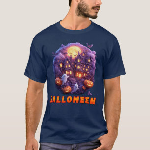 Haunted House with Pumpkins, Ghosts, and Full Moon T-Shirt