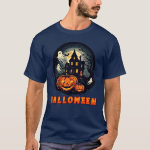 Haunted House with Pumpkins, Ghosts, and Full Moon T-Shirt