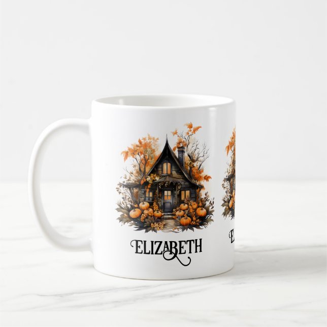Haunted House with Pumpkins Halloween Coffee Mug (Left)