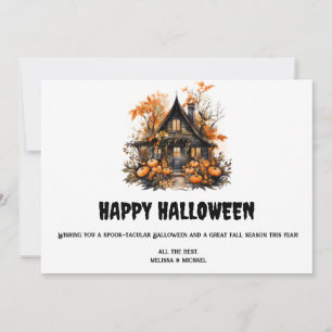 Haunted House with Pumpkins Halloween Holiday Card