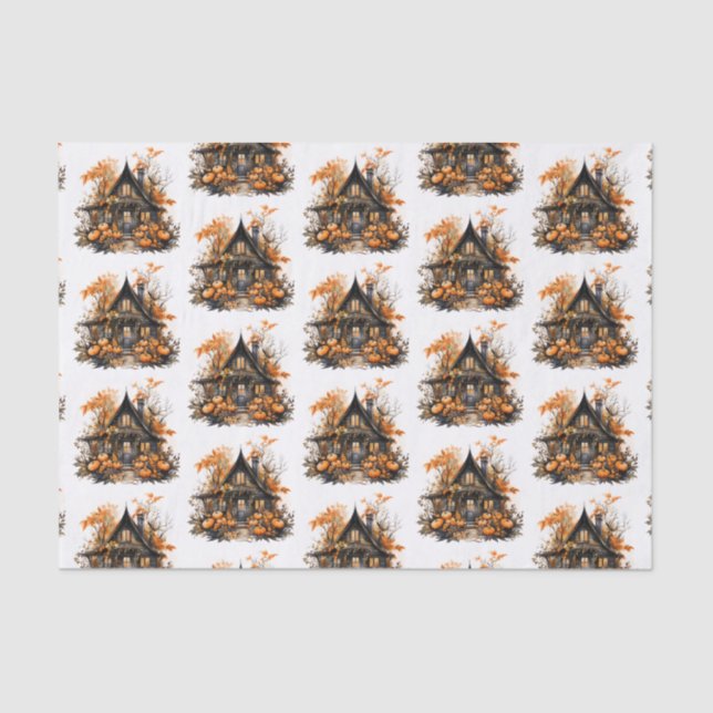 Haunted House with Pumpkins Halloween Pattern Tissue Paper (Front)