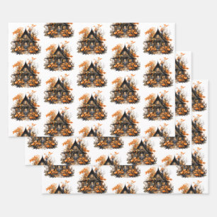Haunted House with Pumpkins Halloween Pattern Wrapping Paper Sheet