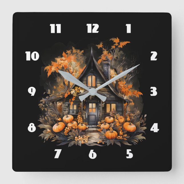 Haunted House with Pumpkins Halloween Square Wall Clock (Front)
