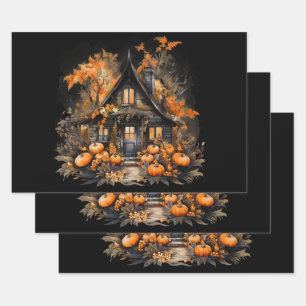 Haunted House with Pumpkins Halloween Wrapping Paper Sheet