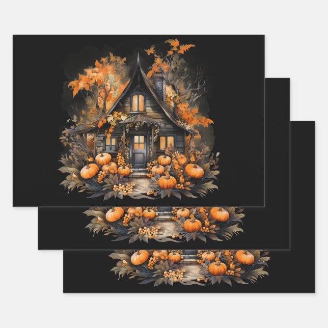 Haunted House with Pumpkins Halloween Wrapping Paper Sheet (Set)