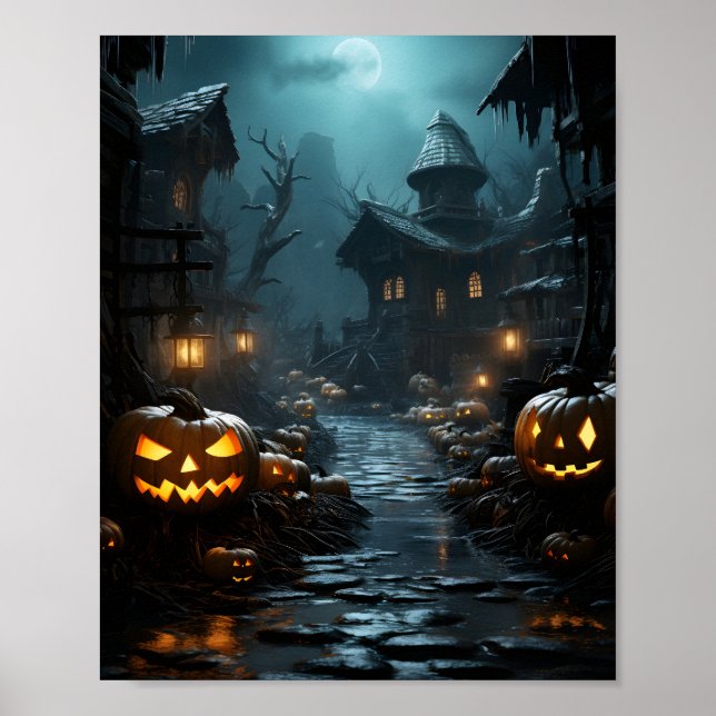 Haunted House With Trees And Pumkins Around Scary  Poster (Front)