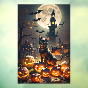 Haunted Houses, Black Bat Cat and Jack-o-Lanterns 