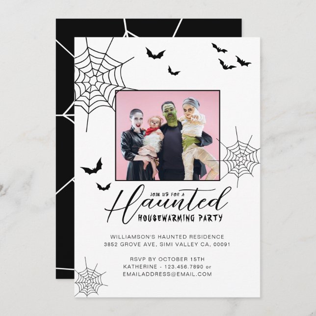 Haunted Housewarming Party Spiderwebs & Bats Photo Invitation (Front/Back)